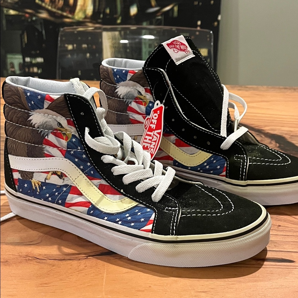 Vans Black and White High-Tops with Eagle and Flag Design-